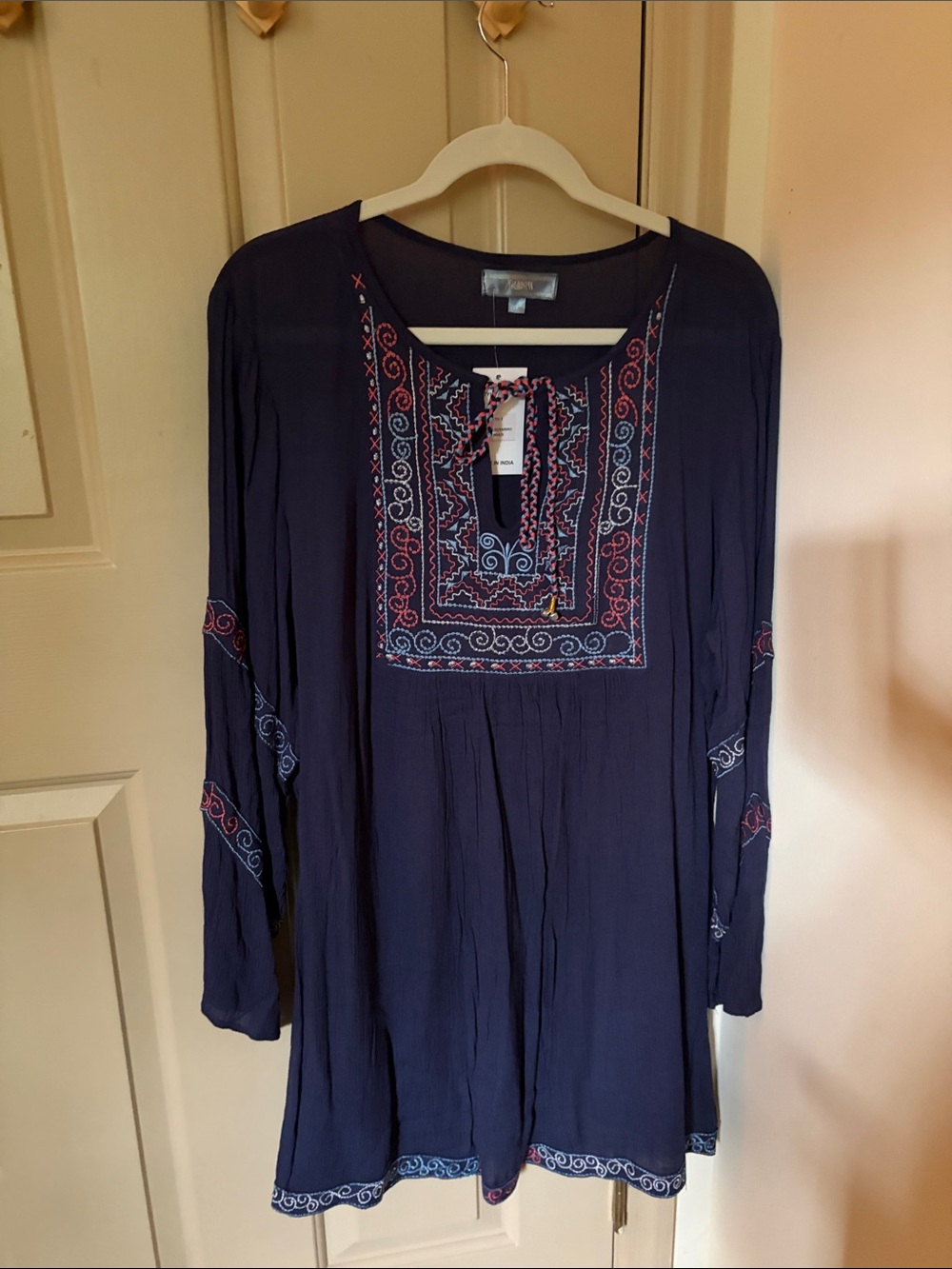 Navy Embroidered Long-Sleeve Boho Tunic Dress